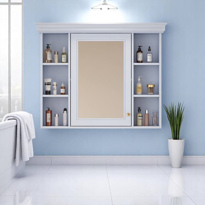 Modern 35" Bathroom Wall Cabinet with Mirror, 6 Shelves for Storage, Over Toilet Cabinet - Blue