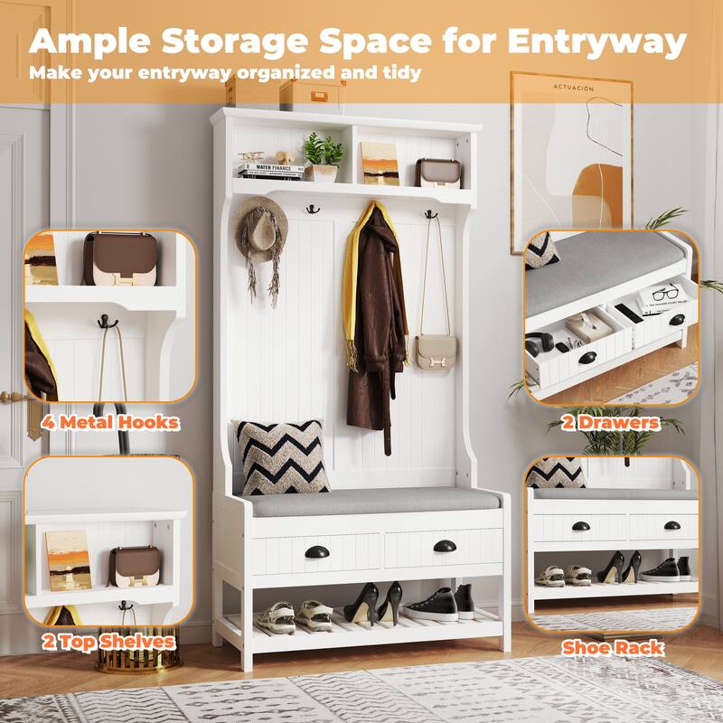 3 in 1 Hallway Hall Tree with 2 Storage Drawer and 4 Coat Rack - White