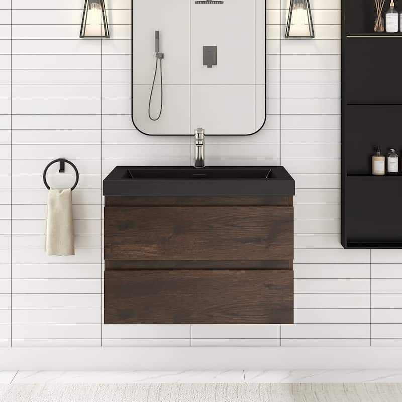 24/30/36 inch Wall-Mounted Bathroom Vanity Set in Rose Wood with Integrated Black Resin Sink - 30"