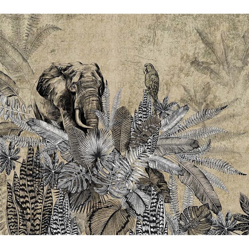 Vintage Safari Elegance Wallpaper Mural Intricate Foliage - Beige - W:131" x H:118"