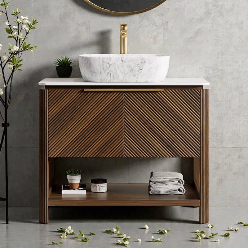 36" Freestanding Bathroom Vanity with Marble Pattern Ceramic Sink, Carrara White Sintered Stone Top & Woodgrain Storage Cabinet - Dark Walnut