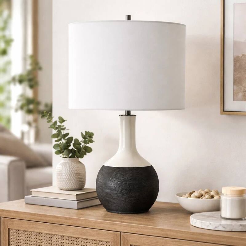Table Lamp, White Linen Shade, 23 Inch Black and White Ceramic Accent