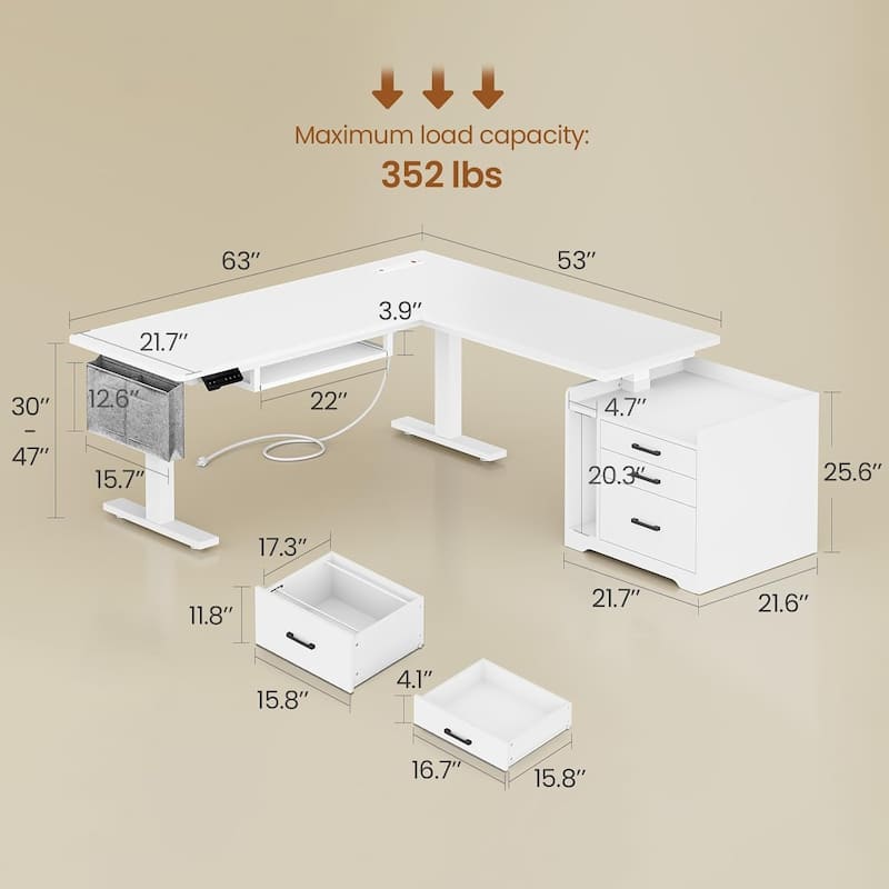 L Shaped Electric Standing Desk with File Cabinet Height Adjustable 63 x 53''