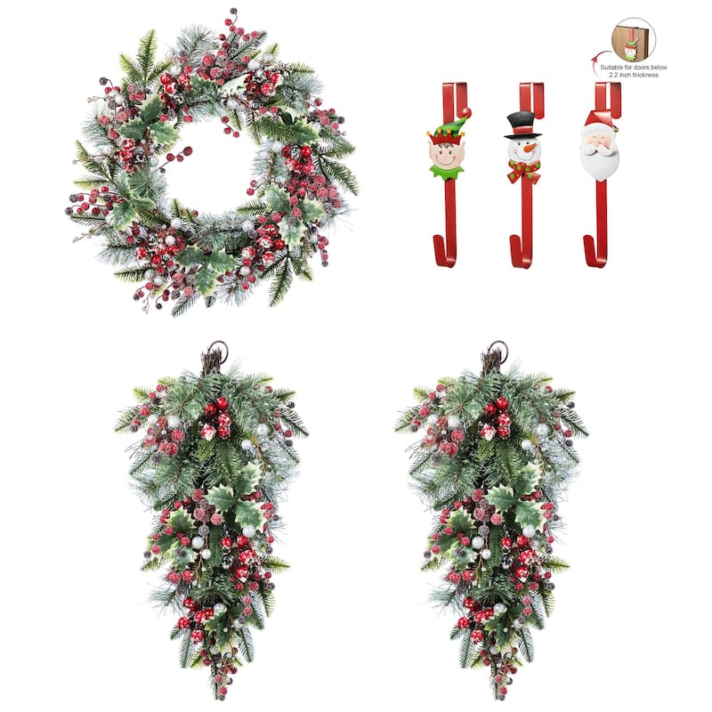 Glitzhome Christmas Red Pomegranate Berry & Holy Leaf Wreath or Teardrop
