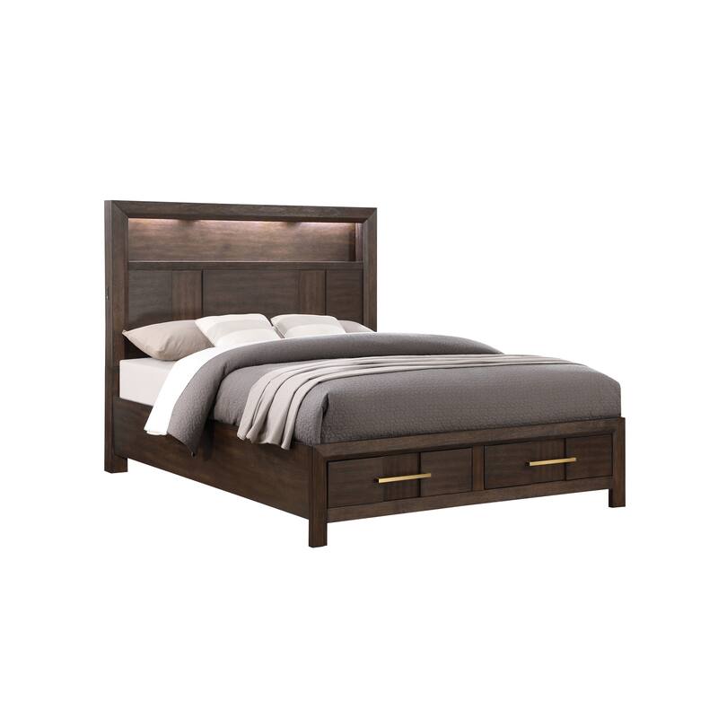 Modern Style Queen Bed Made with Wood & LED Headboard with bookshelf in Walnut
