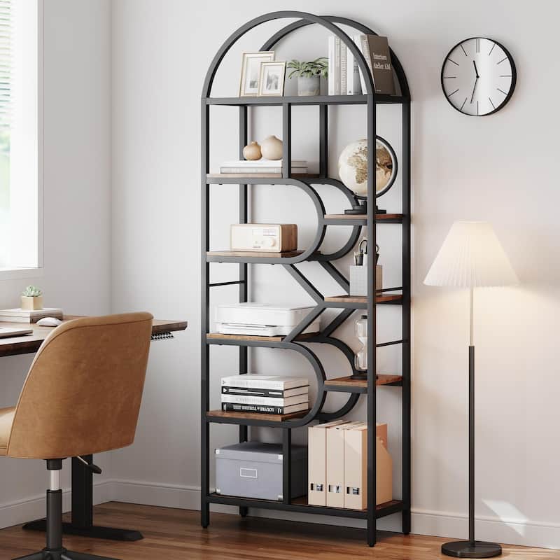 81.7 Inch Arched Bookshelf, Open Bookshelf with Storage Shelf, Geometric Bookcase Display Racks Tall Standing - Brown