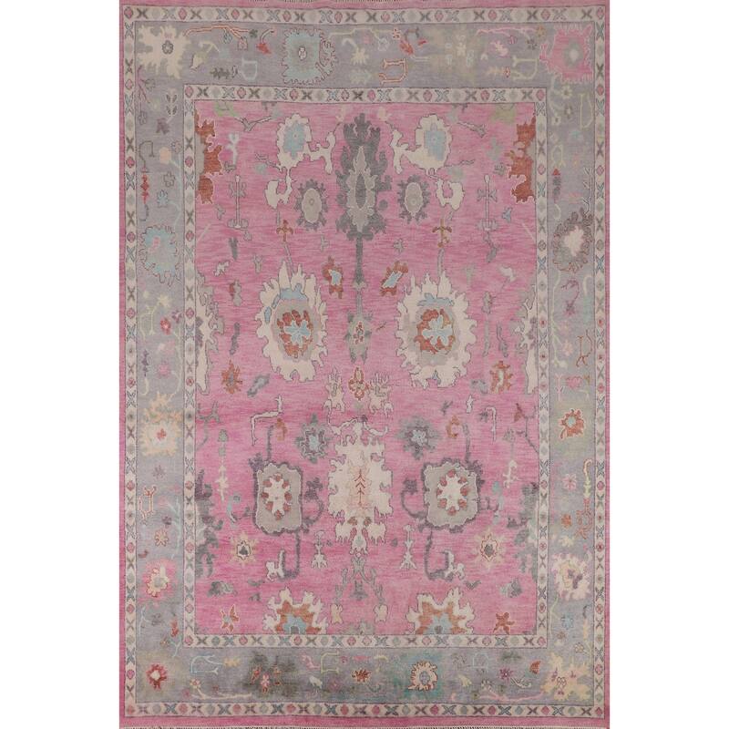 Pink Floral Oushak Oriental Area Rug Hand-Knotted Wool Carpet - 8'8"x 11'9"