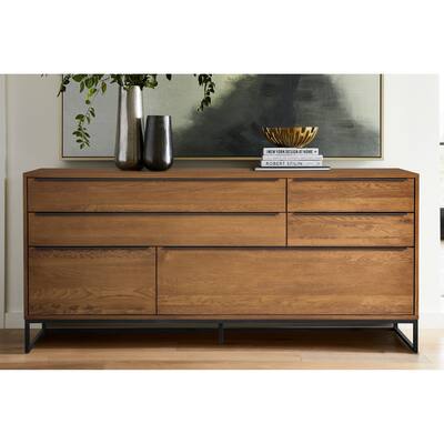 Nevada Mid-Century Modern Solid Oak Wood Buffet Sideboard Cabinet with 4 Drawers and 2 Cabinets