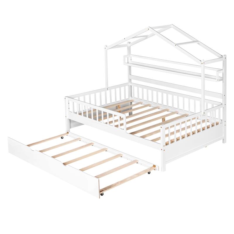 Cute Wooden Twin or Full House Bed with Trundle, Kids Bed Wood Platform Bed Frame with Safety Guardrail & Storage Shelf