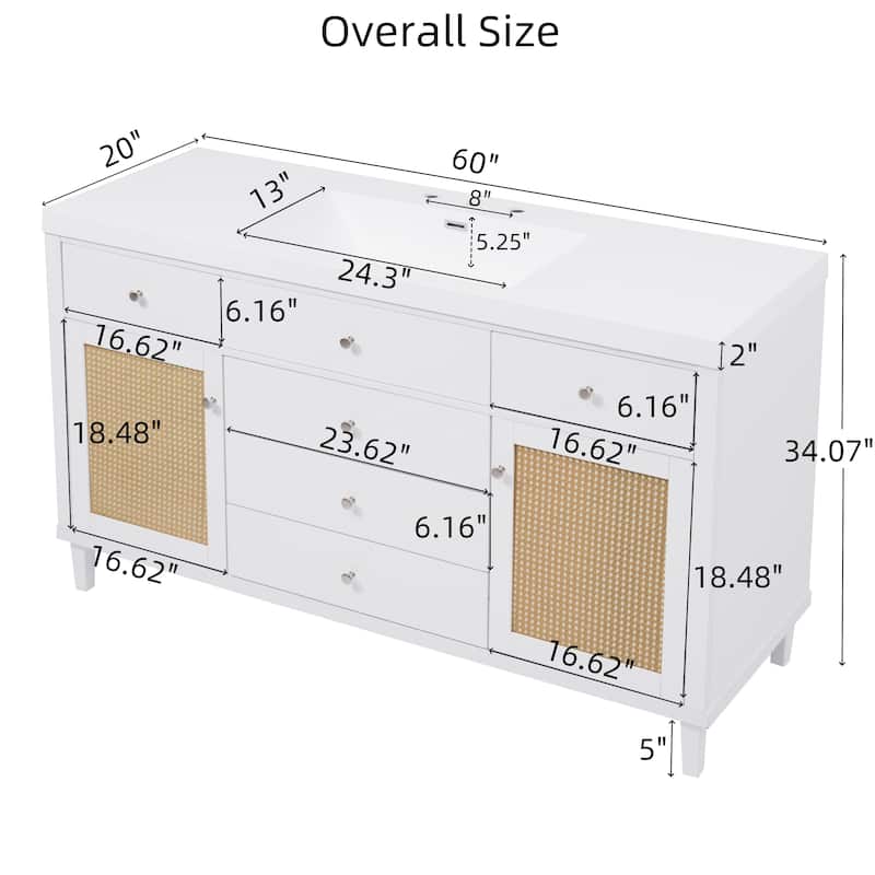 60 Inch Bathroom Vanity with Single SMC Sink, 5 Soft-Close Drawers, Rattan Door Cabinets, Freestanding Cabinet with Pine Legs