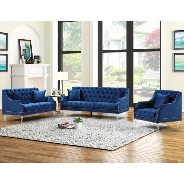 Best Master Furniture 3 Pieces Tufted Silver Velvet Nailhead Sofa