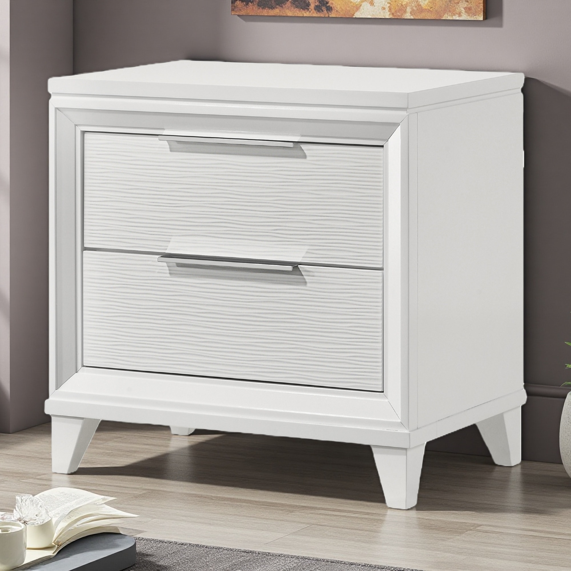 26.8"L Wooden Nightstand with White Textured Finish, Modern Style, 2 Storage Drawers, Bedroom Furniture