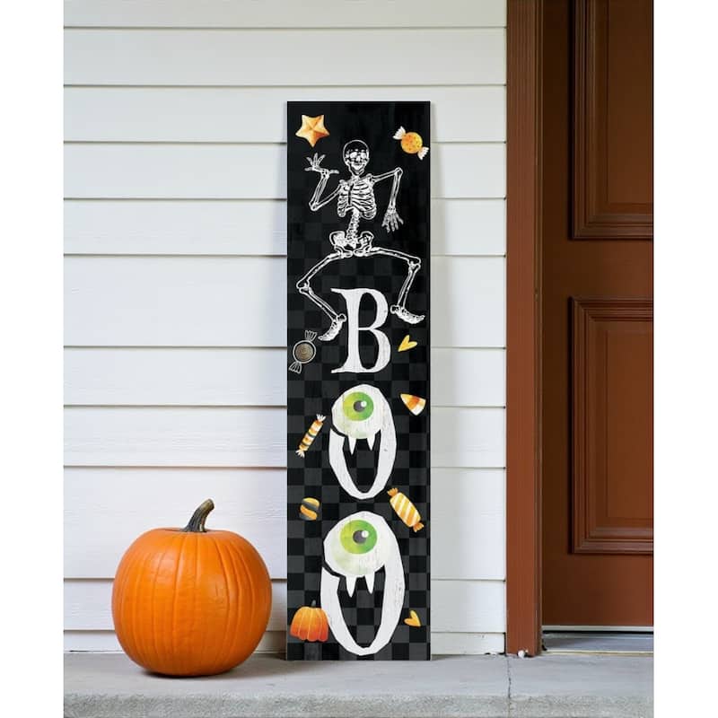 HomeRoots 36" Black And White Solid Wood Boo Halloween Skeleton Porch Sign - White/Black - Wood