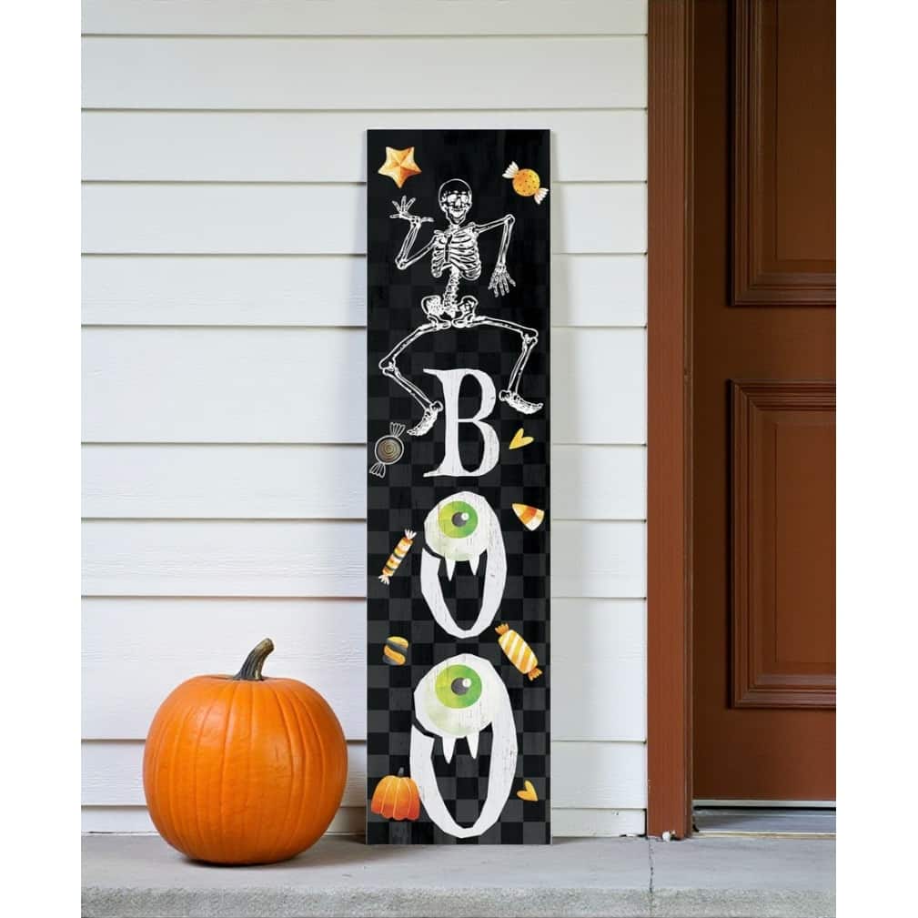 HomeRoots 36" Black And White Solid Wood Boo Halloween Skeleton Porch Sign