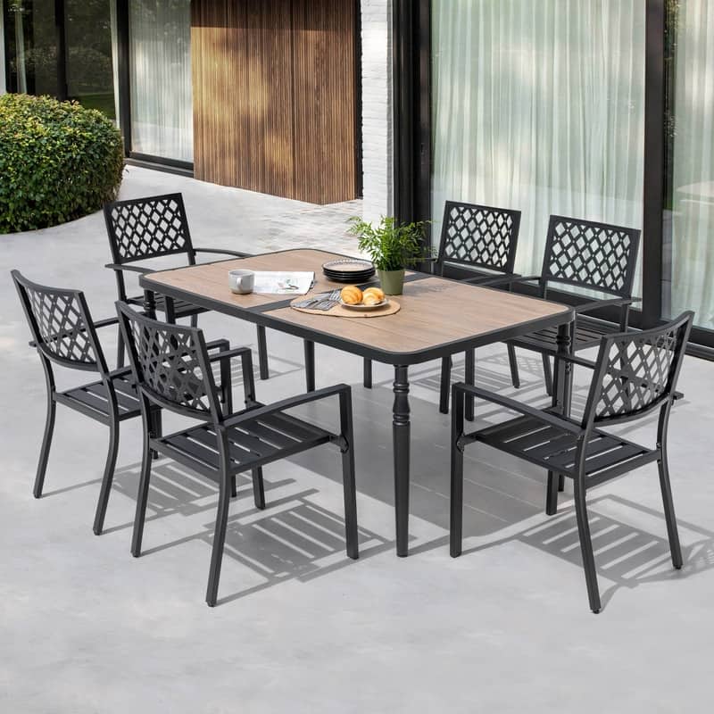 Patio Metal Dining Set with Umbrella Hole and 6 Stackable Chairs
