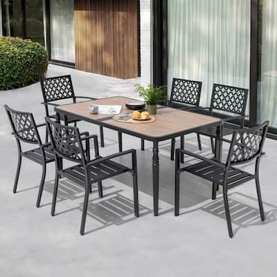 Patio Metal Dining Set with Umbrella Hole and 6 Stackable Chairs