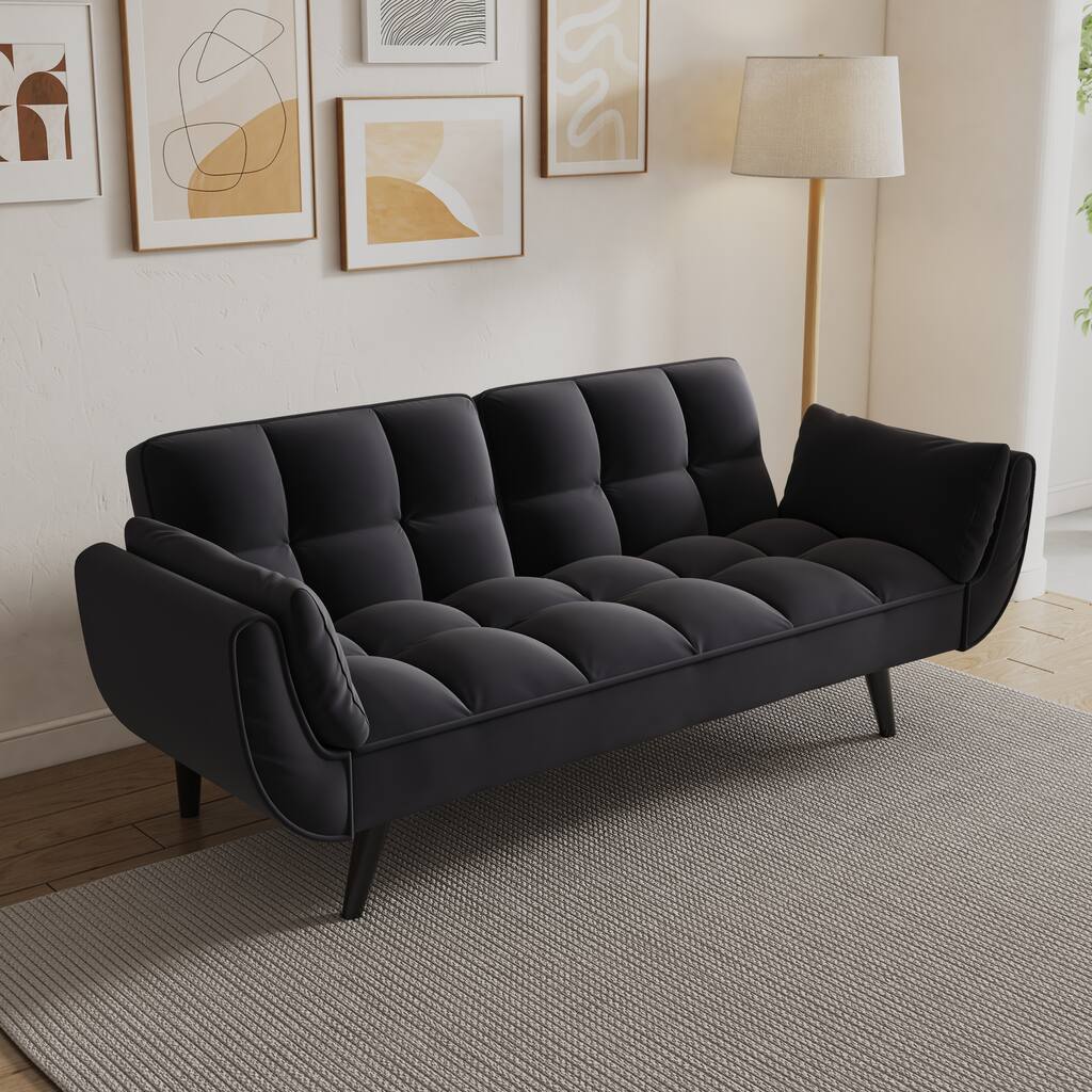 Black 57" Convertible Velvet 2-Seater Sofa with Adjustable Backrest, Armrests, and Plush Cushioning for Small Spaces