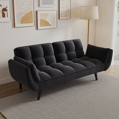 Black 57" Velvet 2 Seater Convertible Sofa with Adjustable Backrest and Armrests for Compact Living Spaces