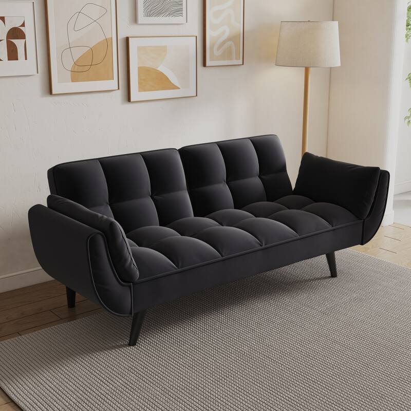 Velvet Sofa Bed with Adjustable Backrest, 57-Inch Space-Saving Couch for Small Rooms - Black