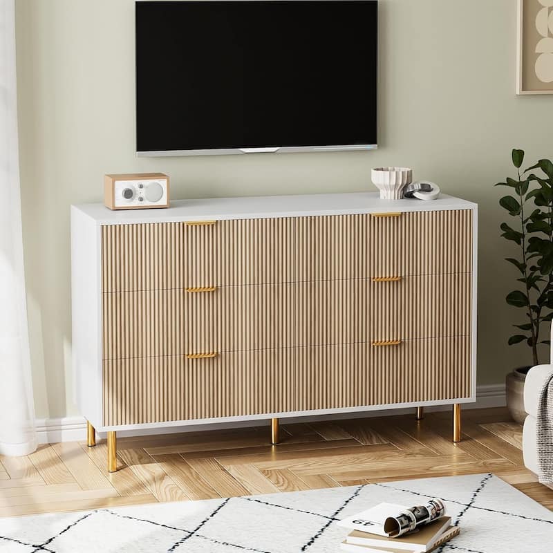 6 Drawer Dresser for Bedroom with Gold Handles, Modern Wooden Chest of Drawers
