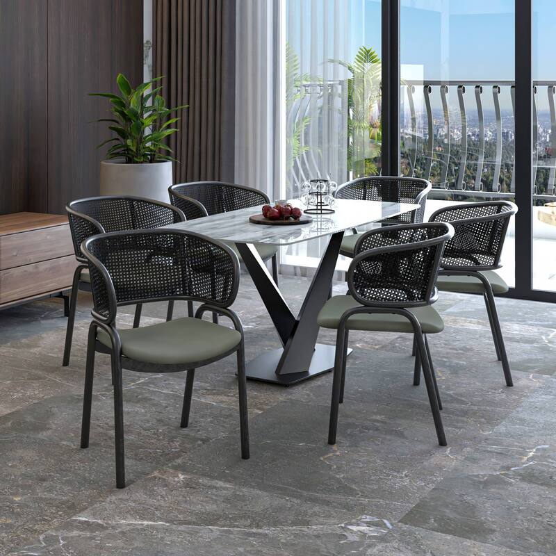 Ervilla Modern Upholstered Accent Side Chair with Wicker Back and Black Iron Legs for Dining Room & Kitchen, Set of 4