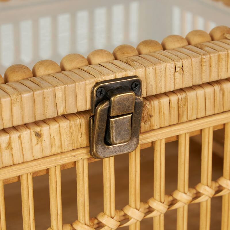 Brown Rattan Handmade Woven Storage Decorative Box with Glass Top and Bronze Latches (Set of 2) - 10"W x 15"L x 6"H