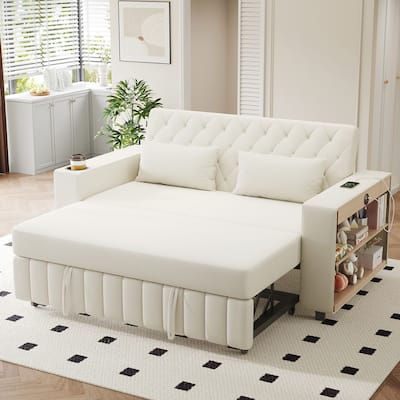 Transformable Chenille Fabric Sofa Bed with Adjustable Tufted Backrest, USB Ports, and Ample Storag