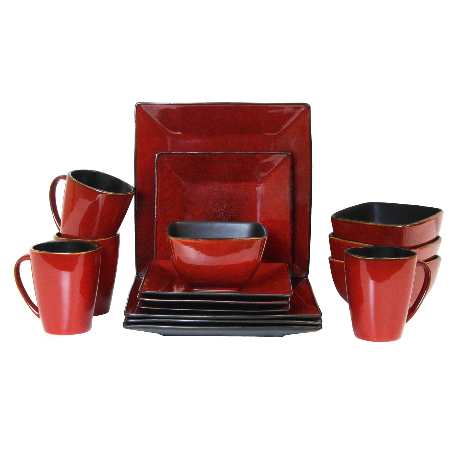Elama Downtown Loft 16-Piece Stoneware Dinnerware Set - Service For 4, Red/Tan/White Modern Square Plates & Bowls - View #13