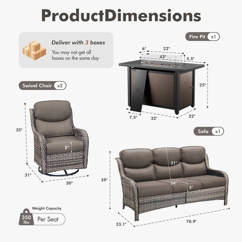 Meyreso 4-Piece Outdoor Patio Metal Fire Pit Wicker Conversation Set with 5-Inch Thick Olefin Cushions