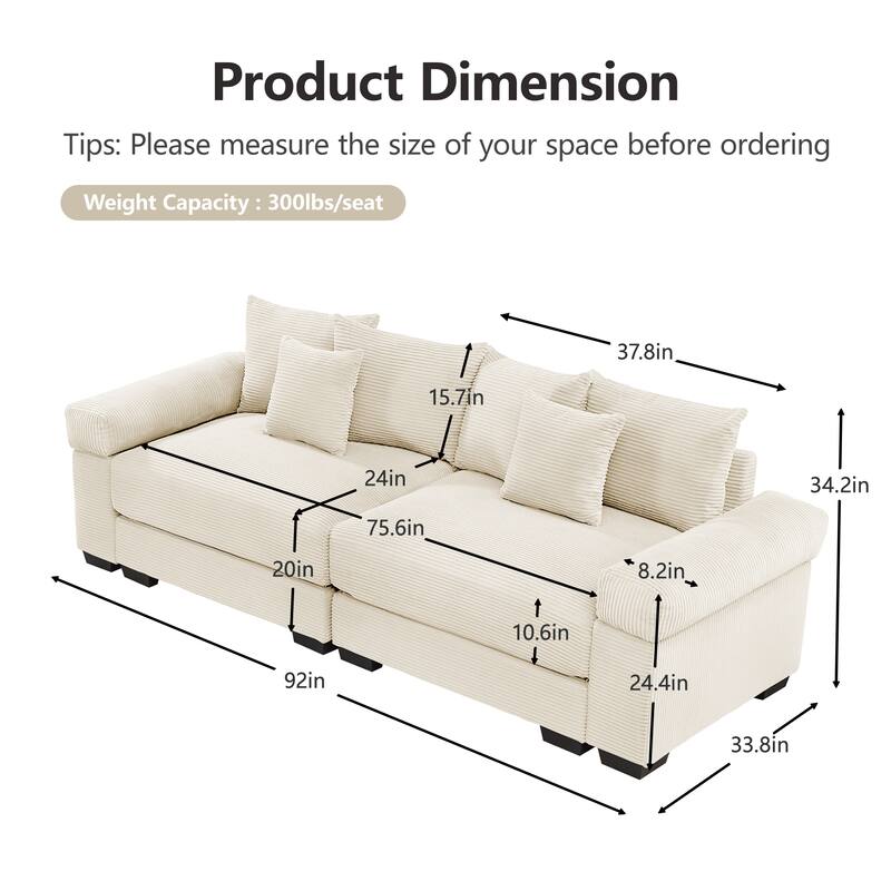 92" Oversized Corduroy Couch for Living Room, Upholstered Loveseat Sofa with Wide Armrests and Throw Pillows for Apartment