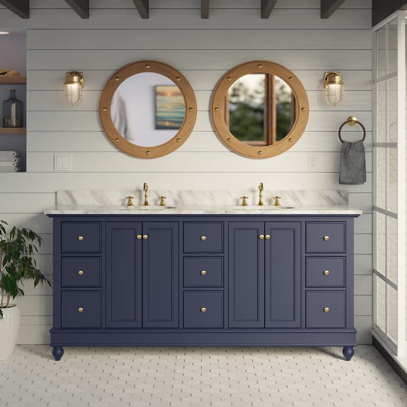 KitchenBathCollection Bella 72" Double Bathroom Vanity with Carrara Marble Top - Royal Blue