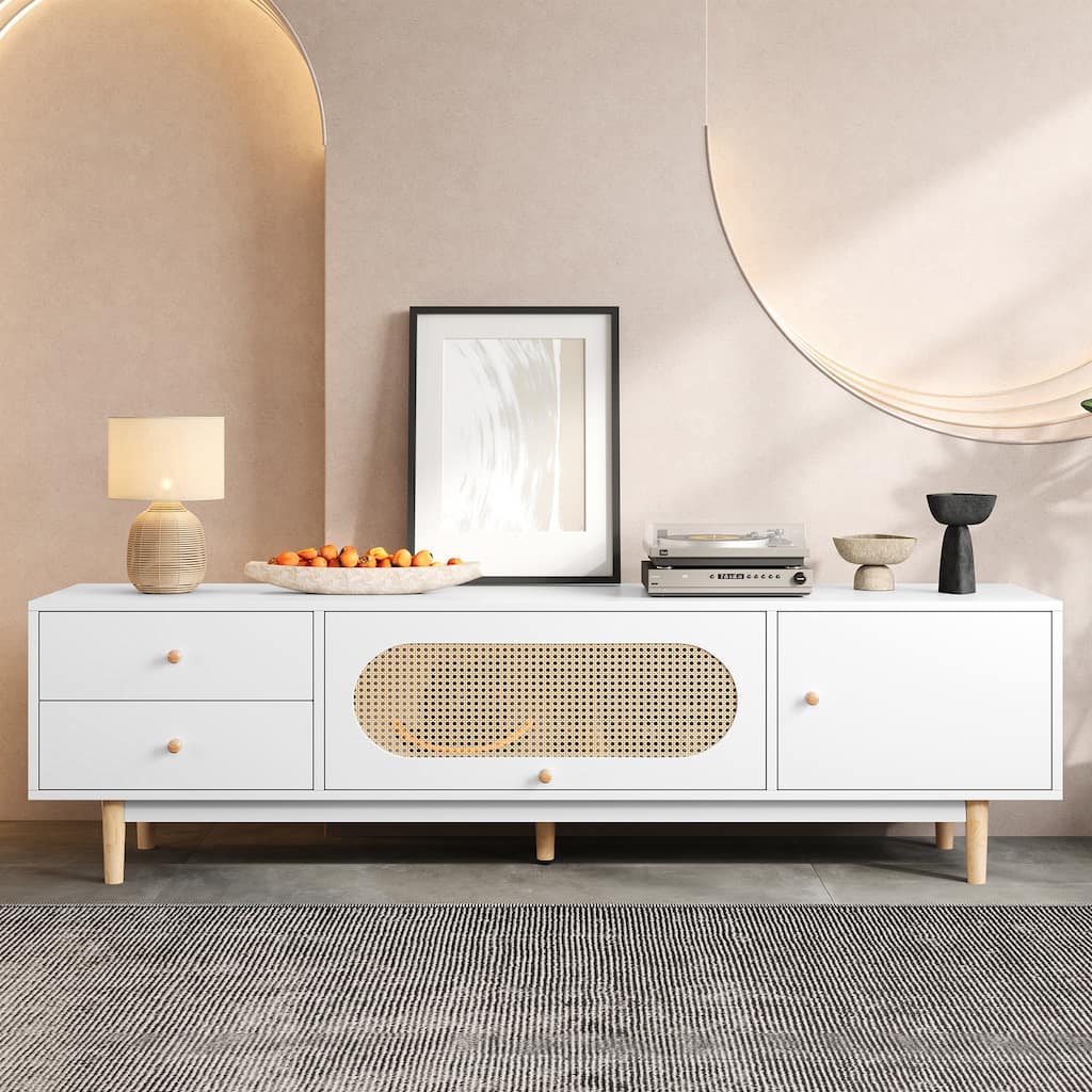 Modern White TV Stand Entertainment Center for TVs up to 80 Inch, Classical Rattan Media Cabinet TV Console Table with Drawers