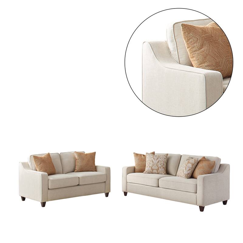 Fabric Upholstered Sofa Set with Cushion Back and Wood Legs in Beige