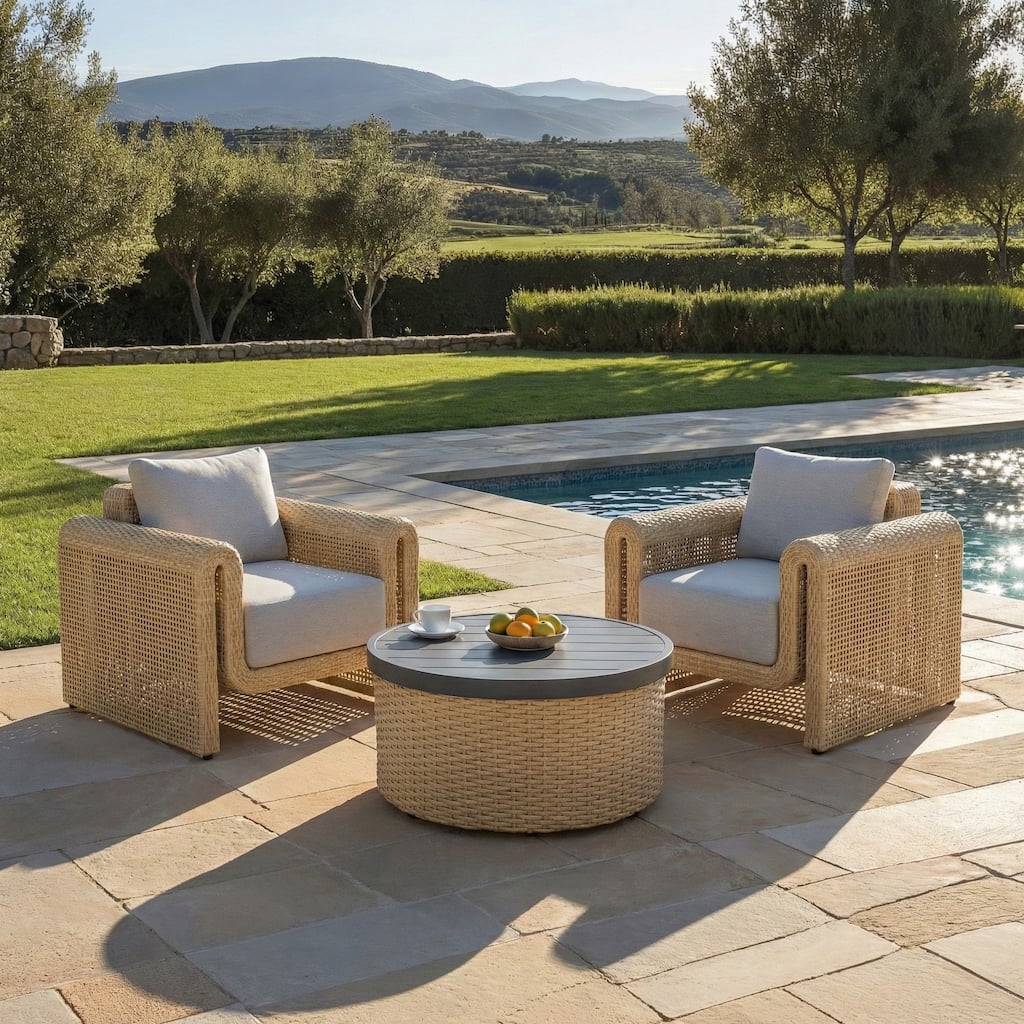 SAFAVIEH Couture Outdoor Patio Furniture Cleandra Wicker Patio Chair, Woven Outdoor Seating with Cushions - 36"W x 34"D x 32"H