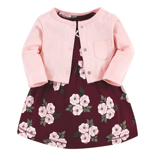 slide 1 of 1, Hudson Baby Girls Cotton Dress and Cardigan Set, Burgundy Floral 2T - Burgundy Floral