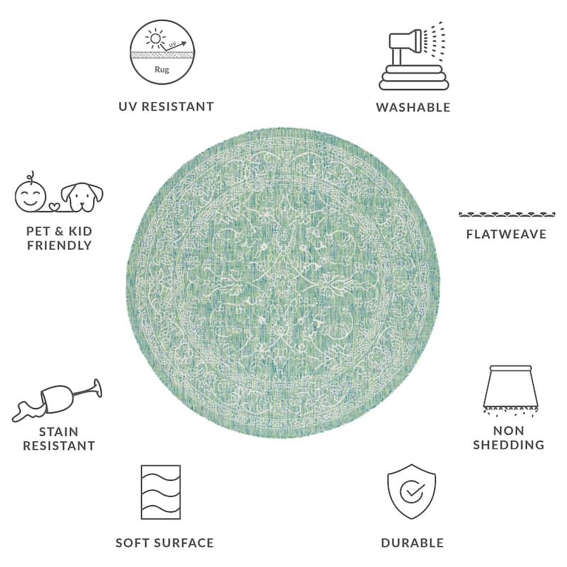 SAFAVIEH Courtyard Hasina Indoor /Outdoor Waterproof Patio Backyard Rug - 6'7" Round - Green/Ivory