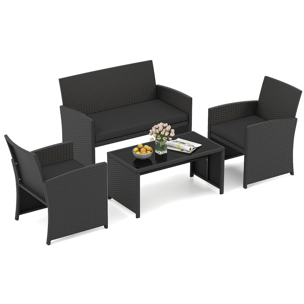 4 Piece Outdoor Patio Furniture Set Black Rattan Loveseat Armchairs and Coffee Table with Cushions