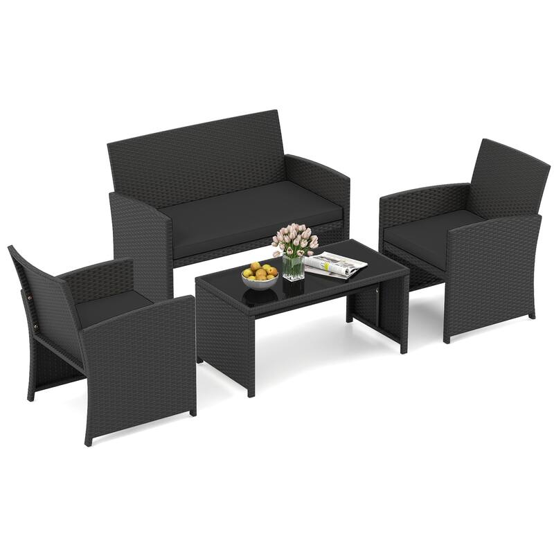 4 Piece Outdoor Patio Furniture Set Black Rattan Loveseat Armchairs and Coffee Table with Cushions - Black