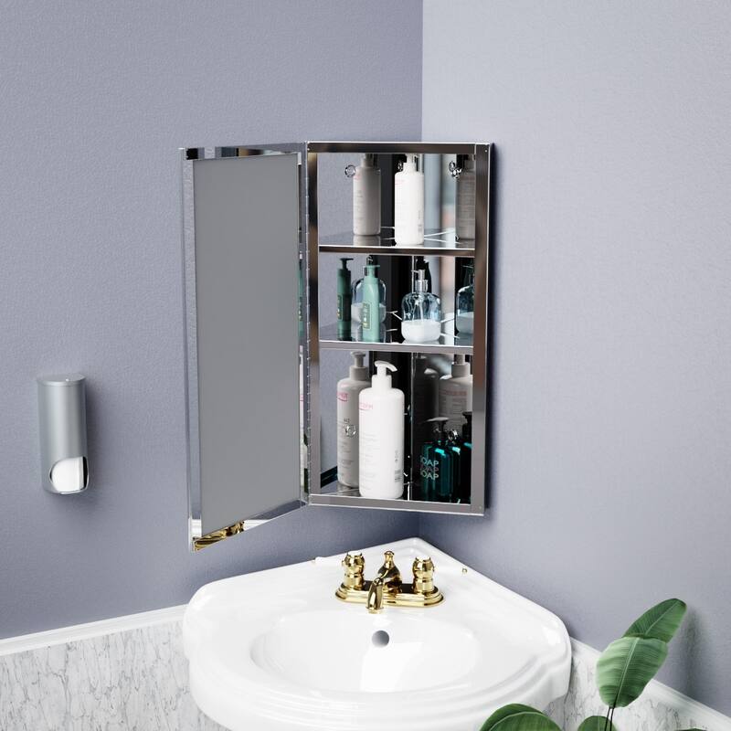 Corner Medicine Cabinet with Mirror R-Infinity Stainless Steel 3 Shelf Opens Right to Left Renovators Supply
