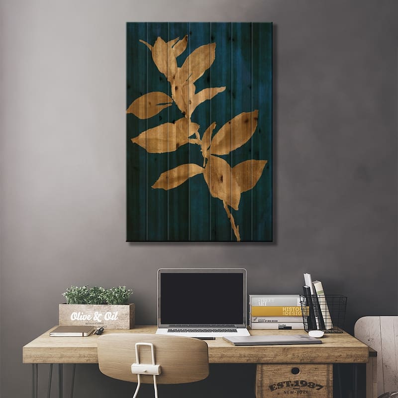 Gold Leaves on Navy IV Print On Wood by Lanie Loreth - Multi-Color