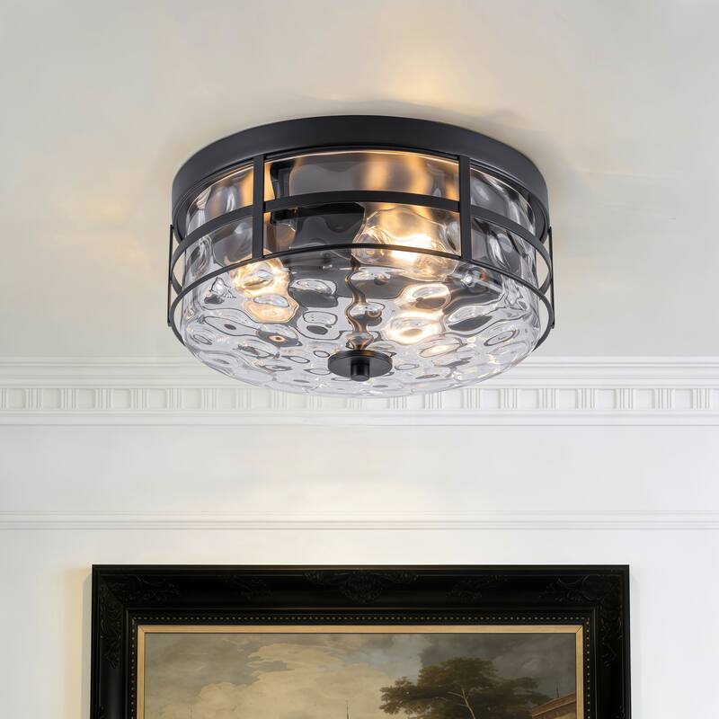 Starsky 3-Light Modern Clear Hammered Glass Flush Mount - Black