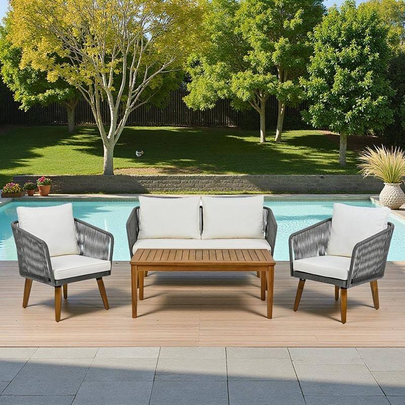 4-Piece Outdoor Patio Solid Wood Conversation Sofa Set with Coffee Table - Natural+Grey