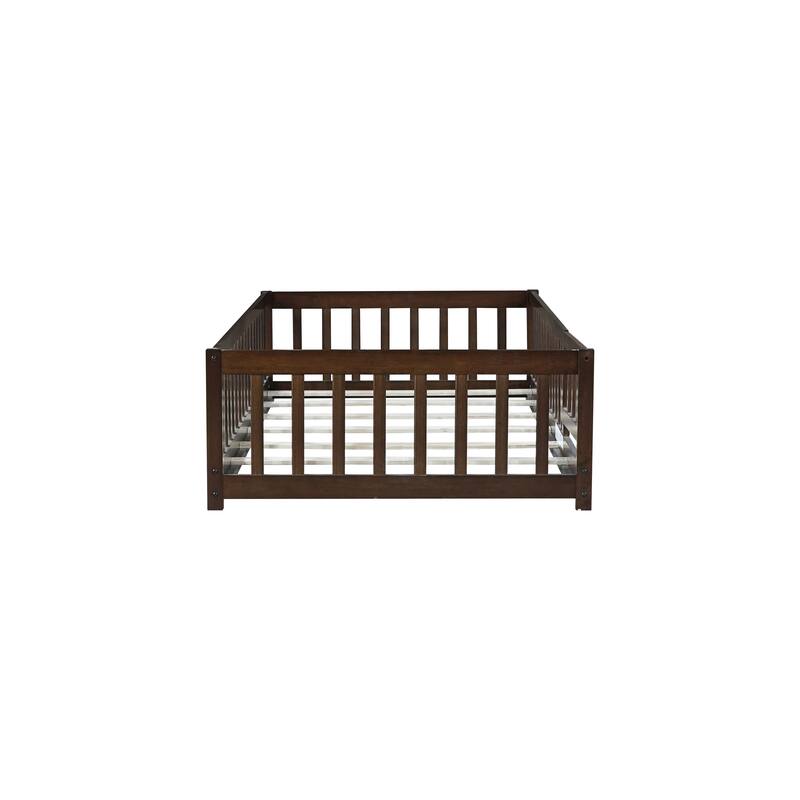 Twin Size Floor Bed with Fence and Door, Rubber Wood Floor Bed with Safety Guardrails