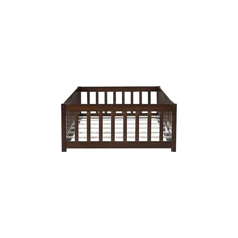 Twin Size Floor Bed with Fence and Door,Rubber Wood Floor Bed with Safety Guardrails