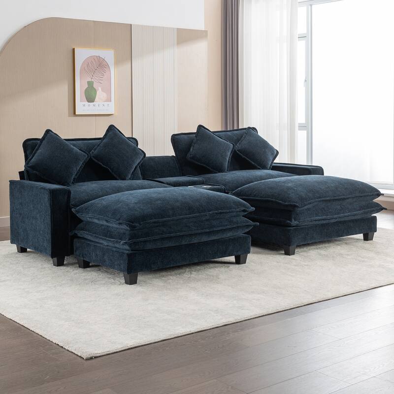 Roomfitters Chenille Sectional Sofa with 2 Ottomans, USB Ports, Cup Holders and Storage Box for Living Room