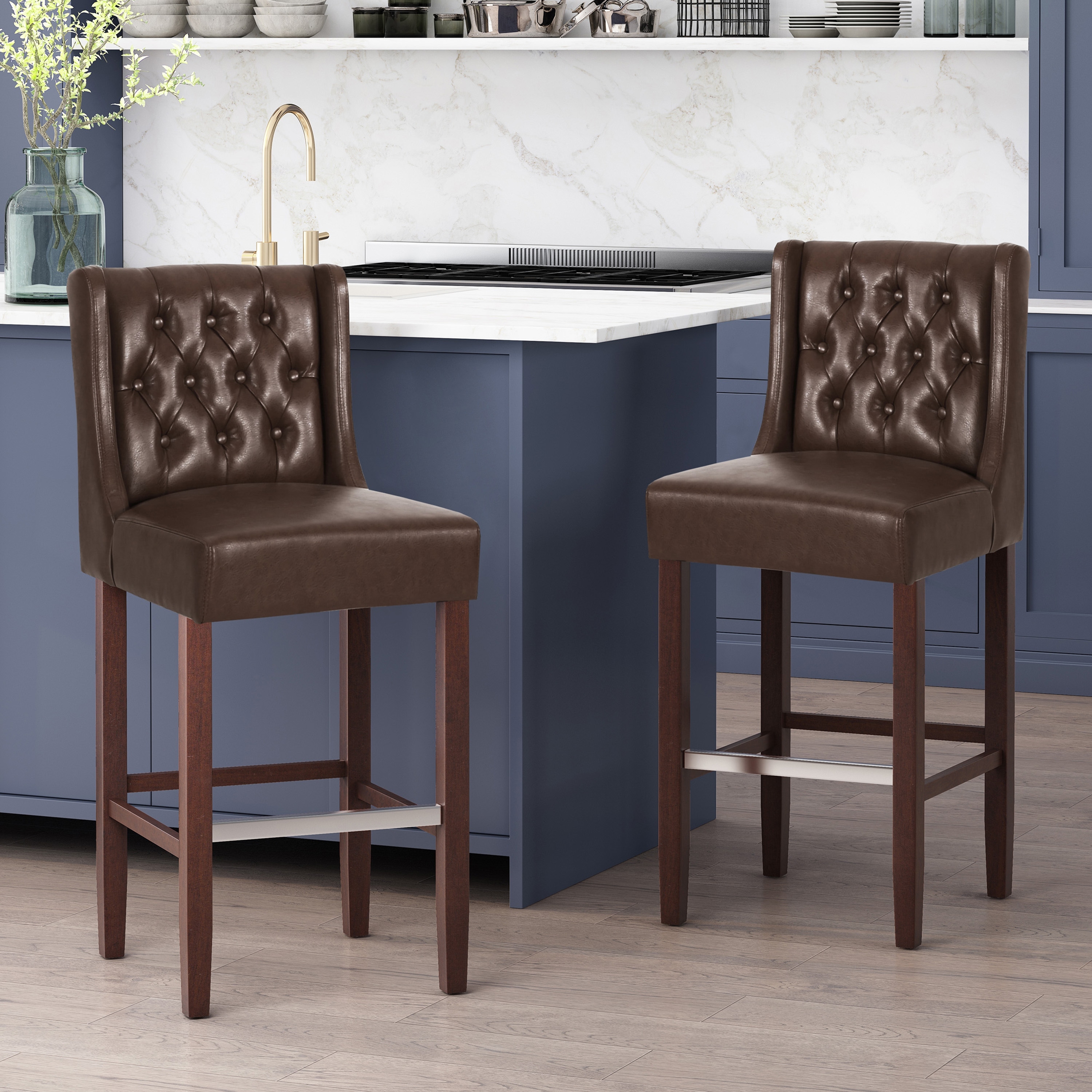 30.5" Dark Brown PU Upholstered Bar Stool with Back Support & Metal Footrest - Counter Stool for Kitchen Island