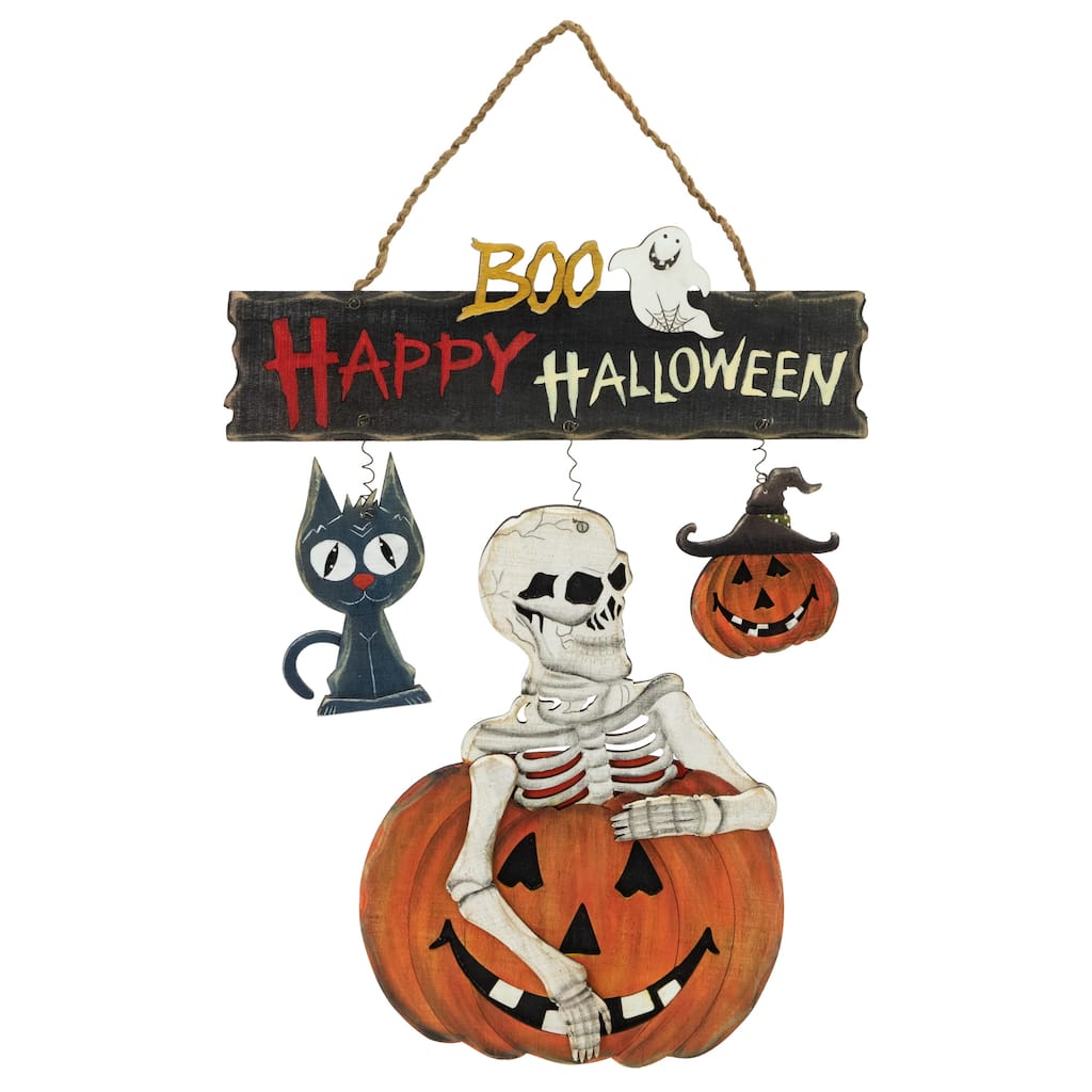 14.5" Skeleton Jack-O-Lanterns Black Cat Halloween Hanging Decoraton
