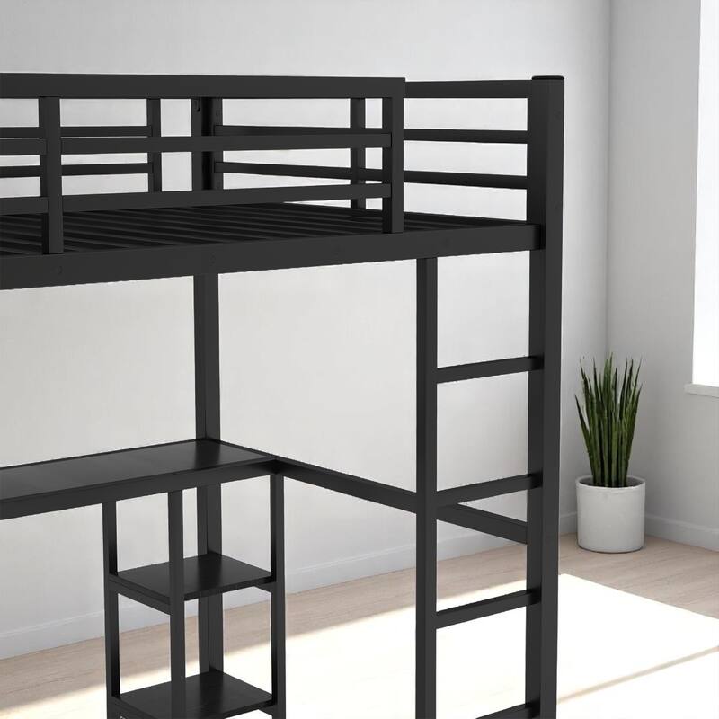 Space-Saving Twin XL/Full/Queen Size Loft Bed with Desk, Wardrobe & Storage, Metal Frame with Guardrails