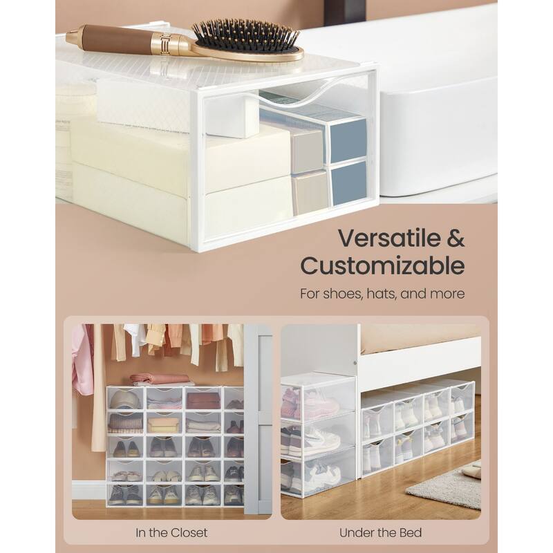 12 Pack Stackable Clear Plastic Shoe Storage Boxes with Doors Closet Shoe Organizer Containers - 9.1”L x 13.1”W x 5.6”H