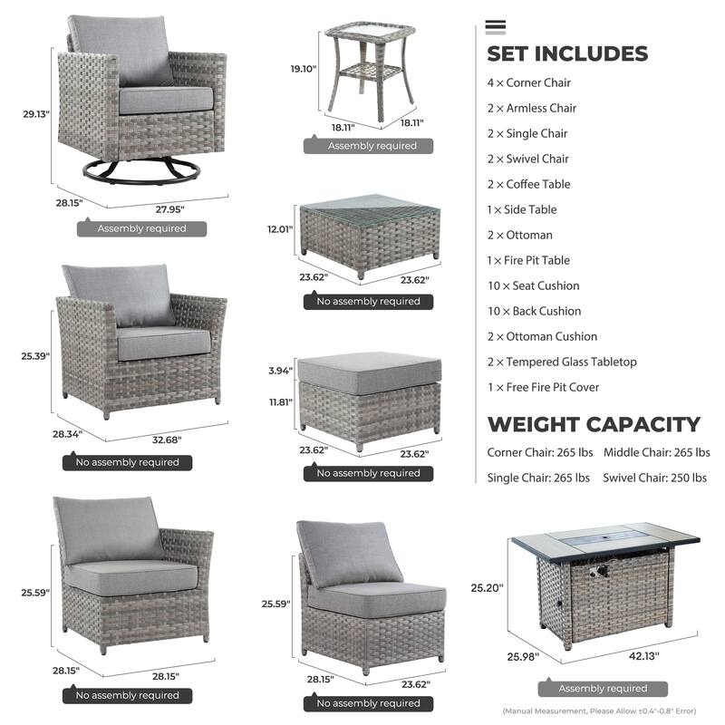 HOOOWOOO 16-piece Grey Rattan Outdoor Furniture Sectional Sofa Set Fire Pit Set with Swivel Chairs